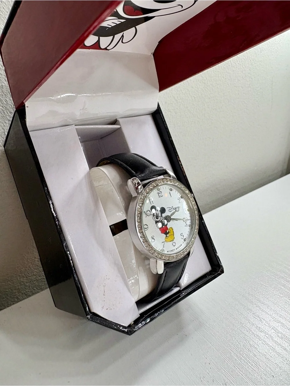 Disney Mickey Mouse Silver-Tone Watch with Black Strap and Red/Yellow Accents